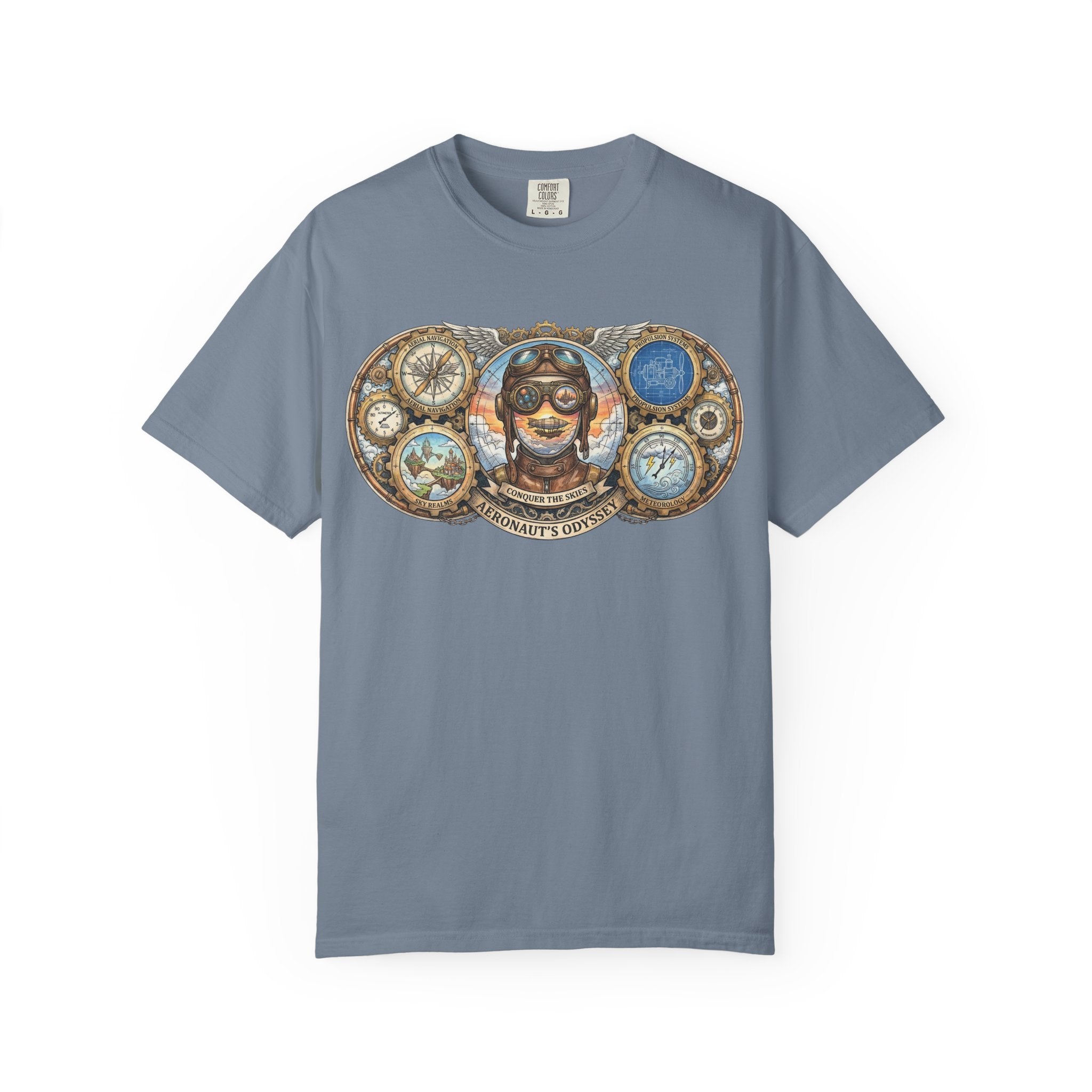 MATFAY Vintage Aviator Pilot Illustration T-Shirt | Steampunk Compass Goggles